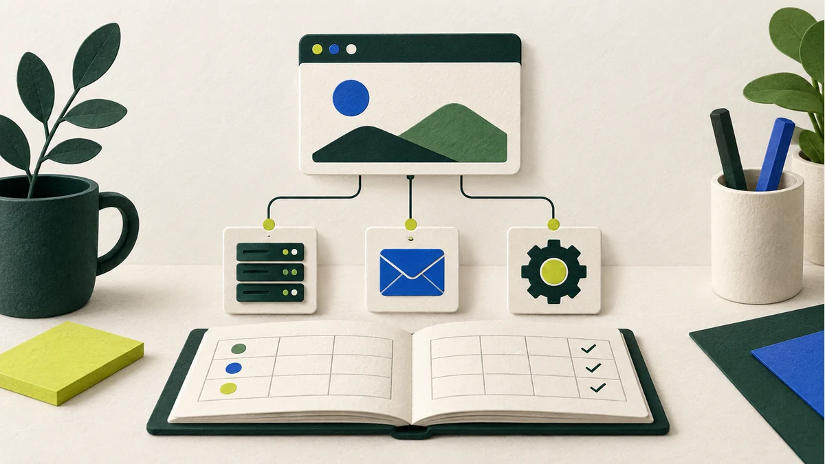 An illustration of an access ledger and website card linked to separate hosting, email and administration elements.
