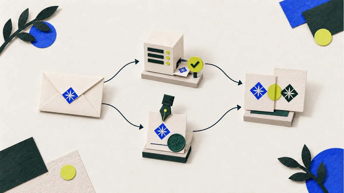 An illustration of an envelope with two separate paths, through a server or signature, to aligned sender cards.